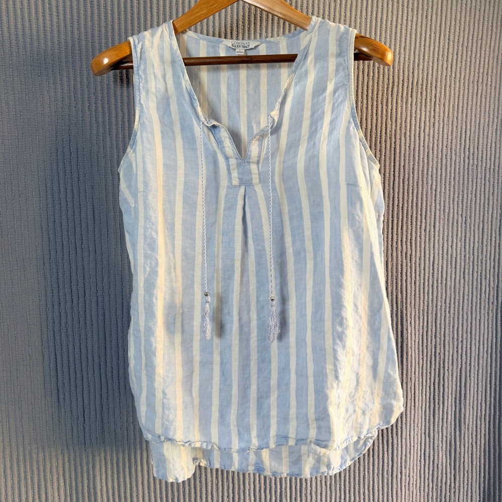100% Linen Tank Top Ellen Tracy Beach Summer Blue White Striped‎ L